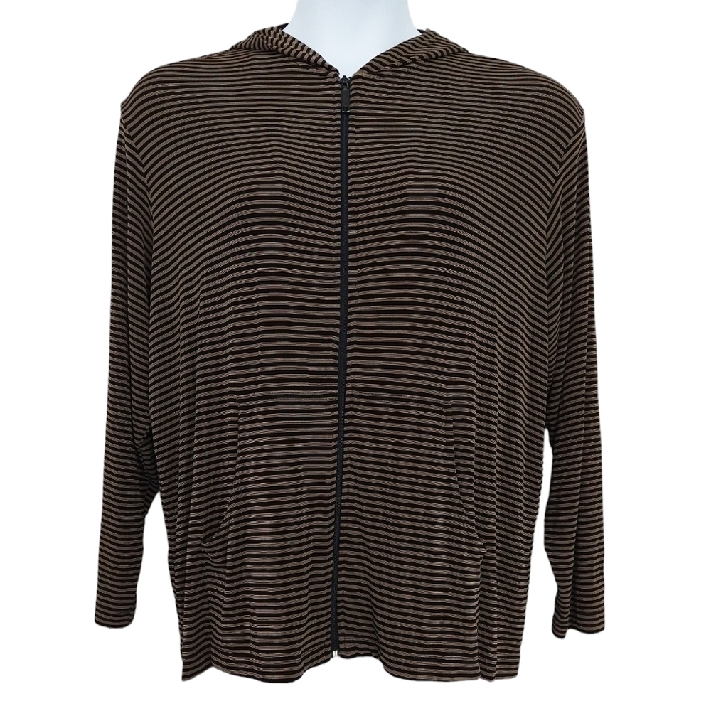 Vintage Chico's Design Black Brown Stripe Slinky Knit Full Zip Hooded Jacket
